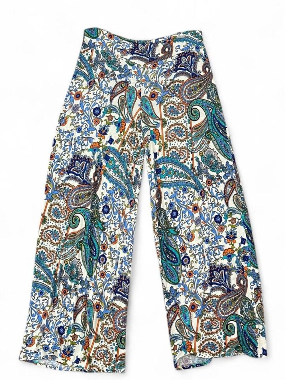 Cato Paisley Wide-Leg Pants in White, Teal, Blue, and Brown